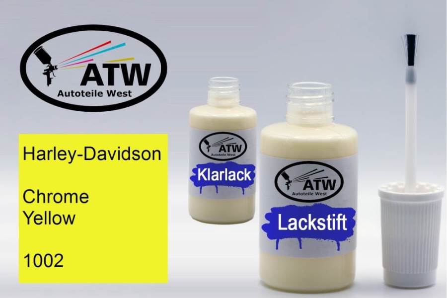 Harley-Davidson, Chrome Yellow, 1002: 20ml Lackstift + 20ml Klarlack - Set, von ATW Autoteile West.